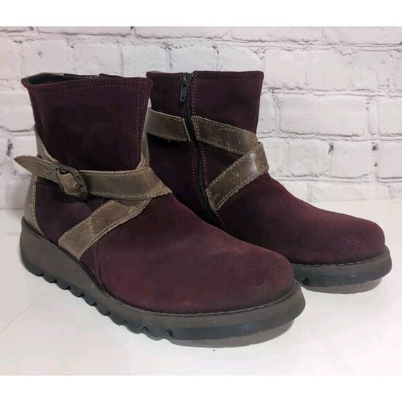 Fly London Women’s Size 38 (7-7.5) Sake Maroon Suede Strap Wedge Ankle Boots - Picture 1 of 14